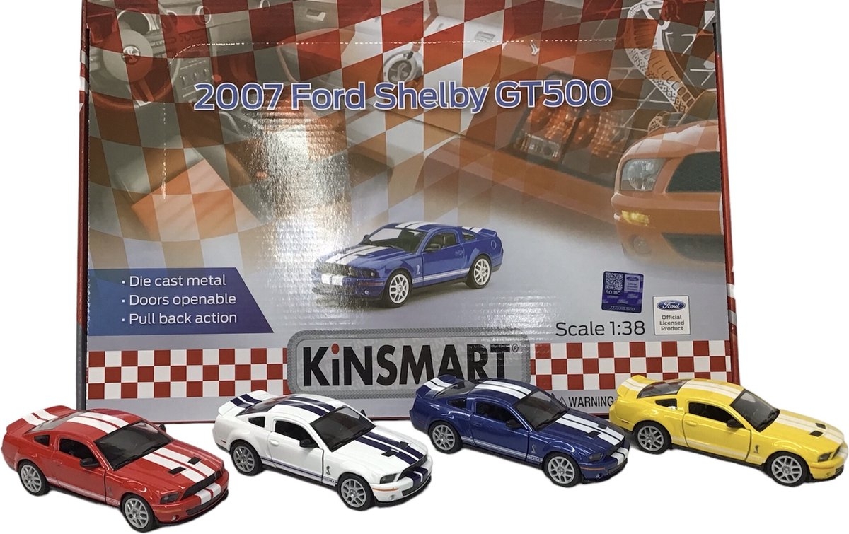 Ford Shelby GT500 5" met strepen Pull-back motor schaal 1:38 verkoop per stuk verkrijgbaar in 4 kleuren