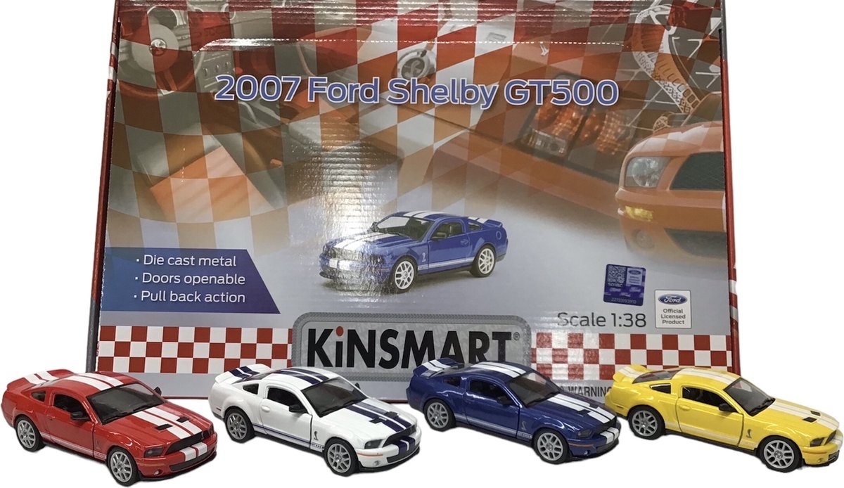 Ford Shelby GT500 5" met strepen Pull-back motor schaal 1:38 verkoop per stuk verkrijgbaar in 4 kleuren