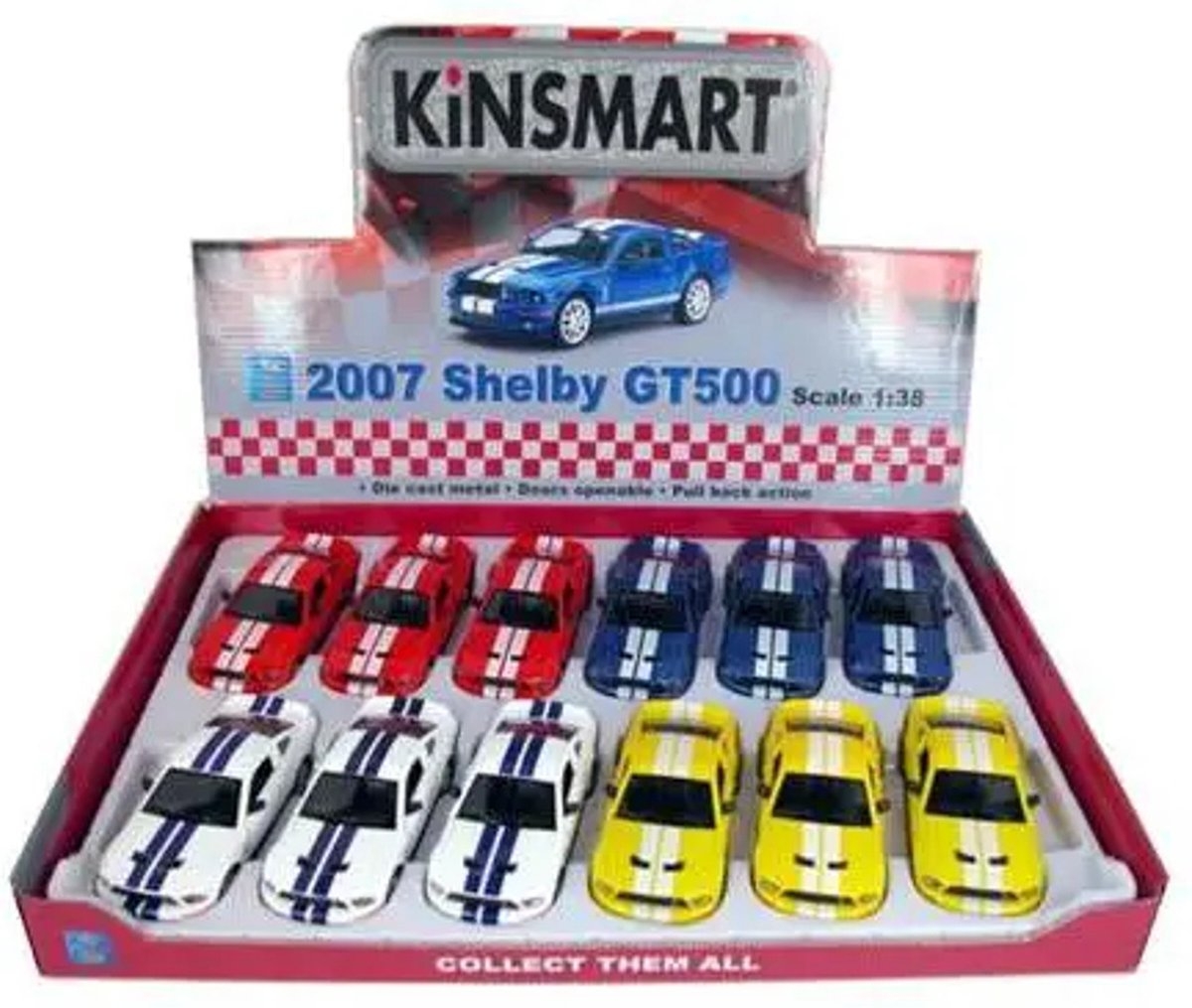 Ford Shelby GT500 5" met strepen Pull-back motor schaal 1:38 verkoop per stuk verkrijgbaar in 4 kleuren
