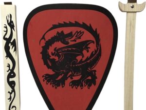 houtenzwaard met schede draak en ridderschild rood met draak kinderzwaard houten ridder zwaard schild