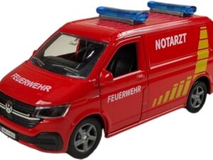Kids Globe Volkswagen Transporter Notartz Feuerwehr Brandweer hulpdienst DE die cast met licht geluid 13,5 cm Pull-back