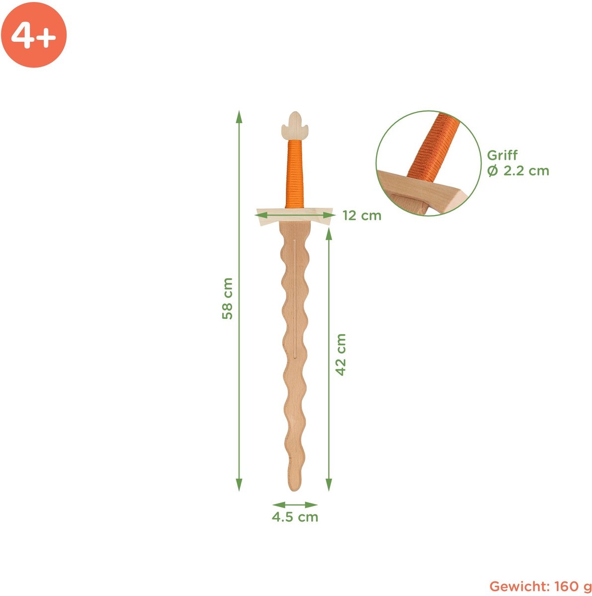 WOODSY ® Slangenzwaard Houten slangen zwaard voor kinderen 58 cm lang, echt hout van beukenhout, ridderzwaard, kinderzwaard, speelgoed, carnaval, middeleeuwen ORANJE