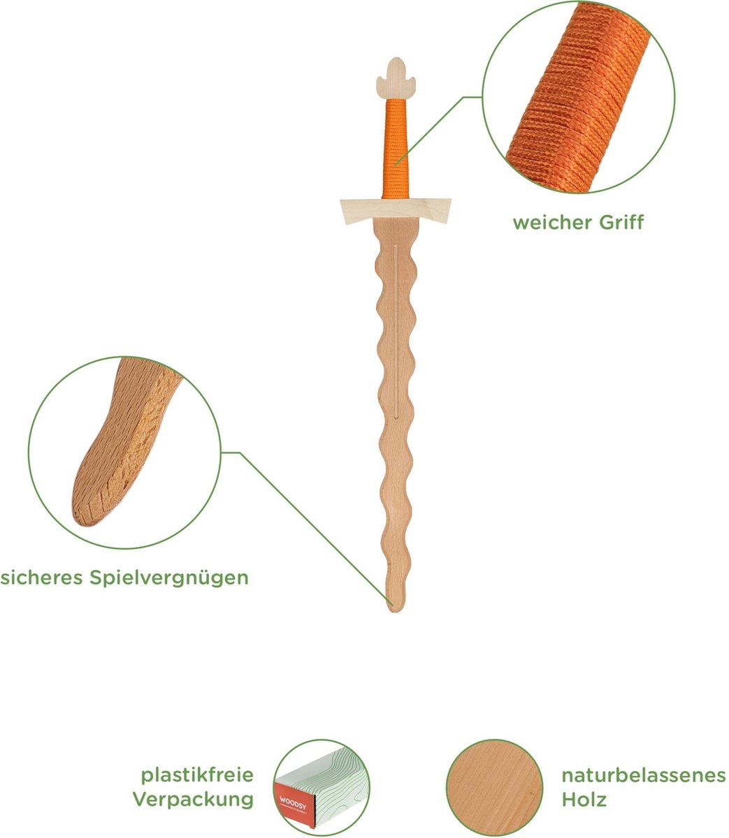 WOODSY ® Slangenzwaard Houten slangen zwaard voor kinderen 58 cm lang, echt hout van beukenhout, ridderzwaard, kinderzwaard, speelgoed, carnaval, middeleeuwen ORANJE